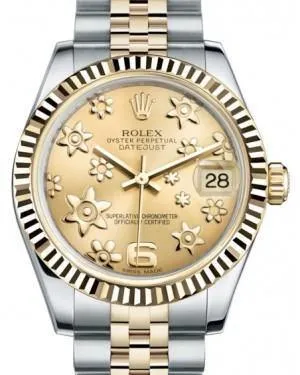 Rolex Datejust 31 Lady Midsize Yellow Gold/Steel Champagne Floral Motif Arabic Dial & Fluted Bezel Jubilee Bracelet 178273 - NEW