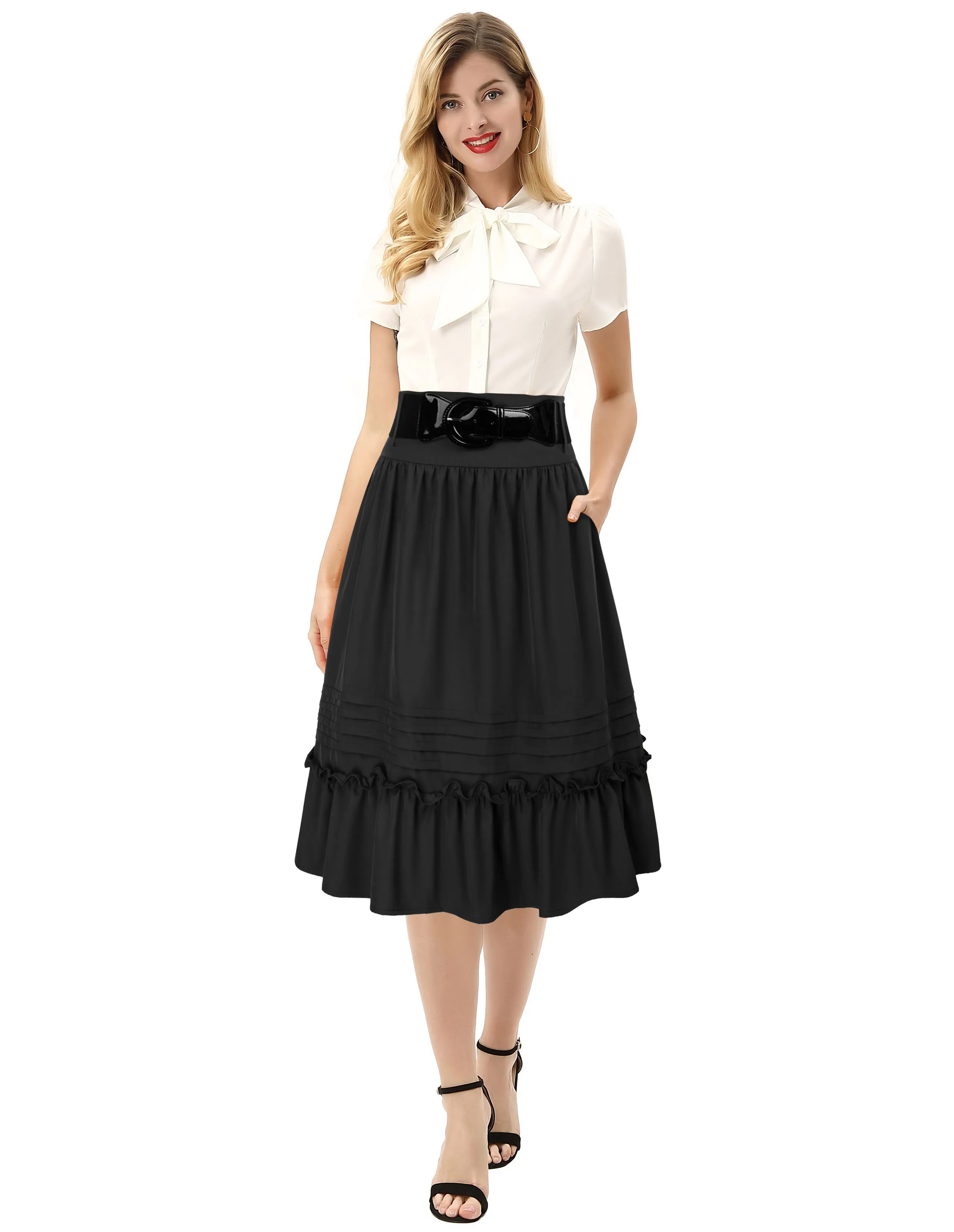 Seckill Offer⌛Belt Decorated Skirt Elastic High Waist Tiered  A-Line Skirt