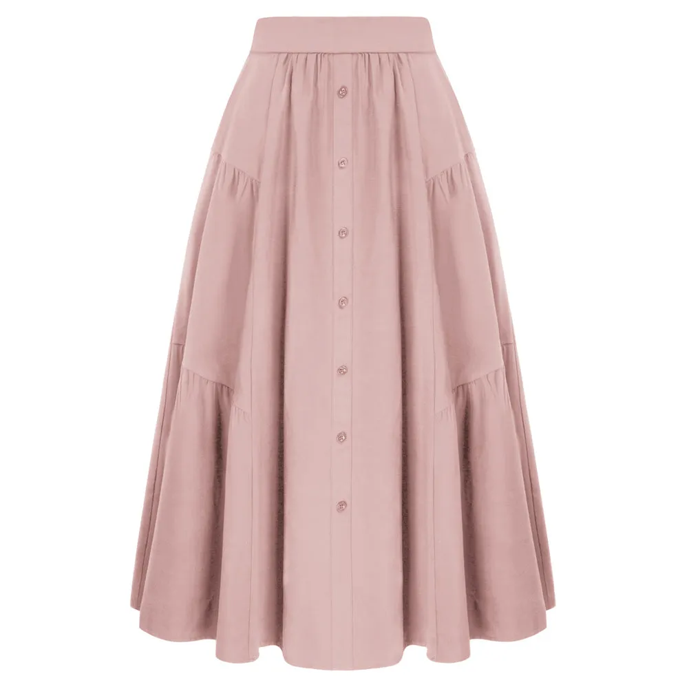 Solid Color Tiered Swing Skirt High Waist Button Decorated A-Line Skirt