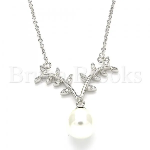 Sterling Silver 04.336.0136.16 Fancy Necklace, with White Cubic Zirconia and Ivory Pearl, Polished Finish, Rhodium Tone