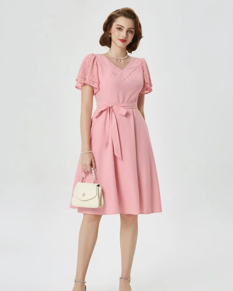 Summer Short Puff Sleeve Cocktail Dress Vintage V-Neck A Line Swing Dresses with Belts