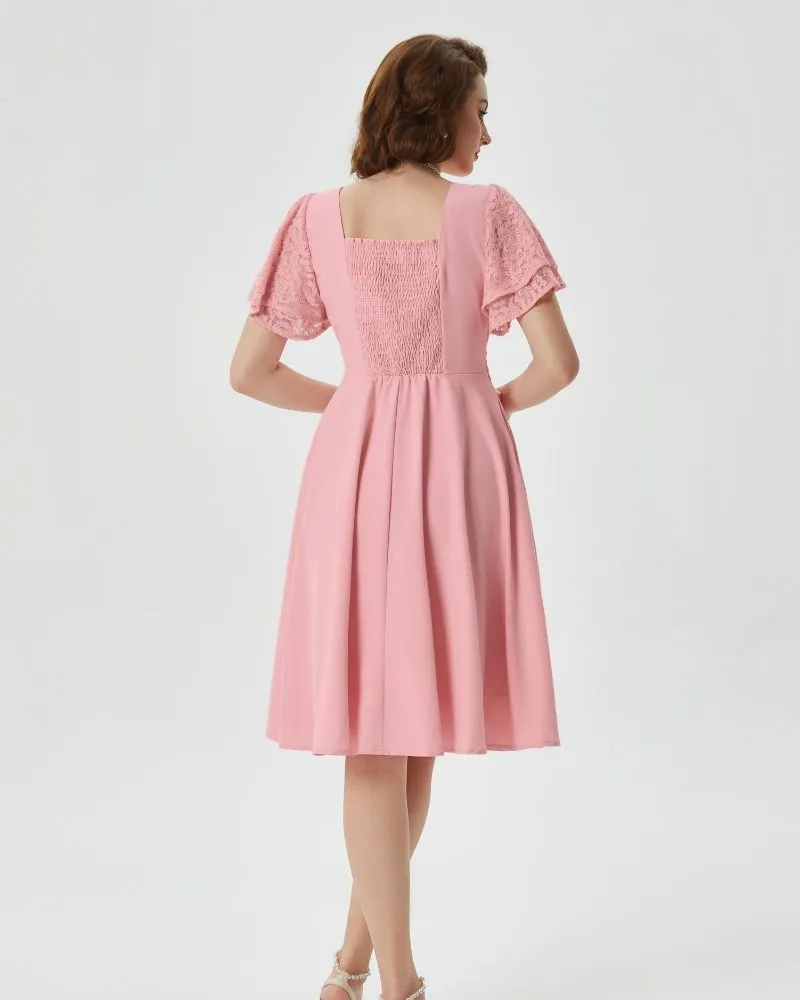 Summer Short Puff Sleeve Cocktail Dress Vintage V-Neck A Line Swing Dresses with Belts