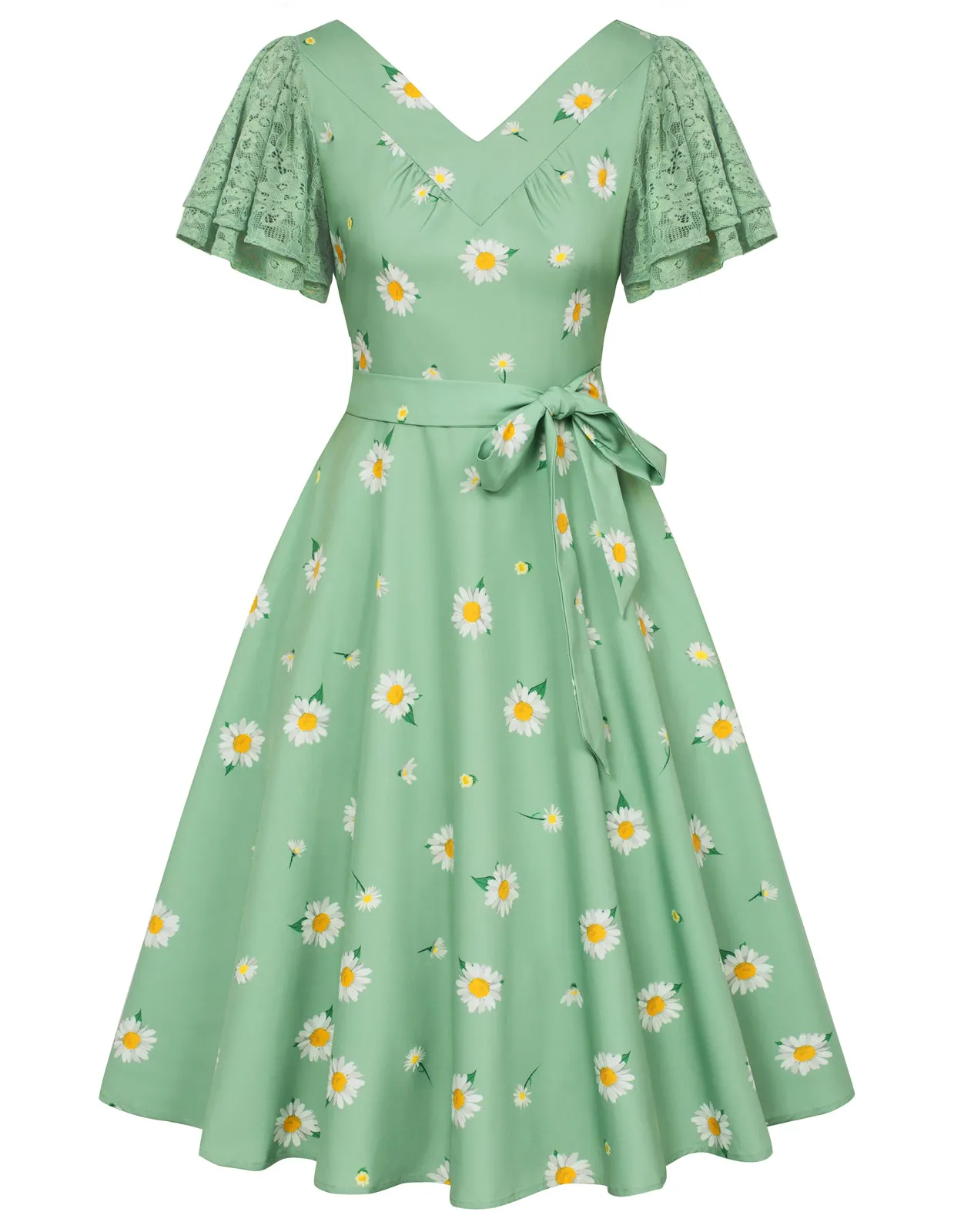 Summer Short Puff Sleeve Cocktail Dress Vintage V-Neck A Line Swing Dresses with Belts