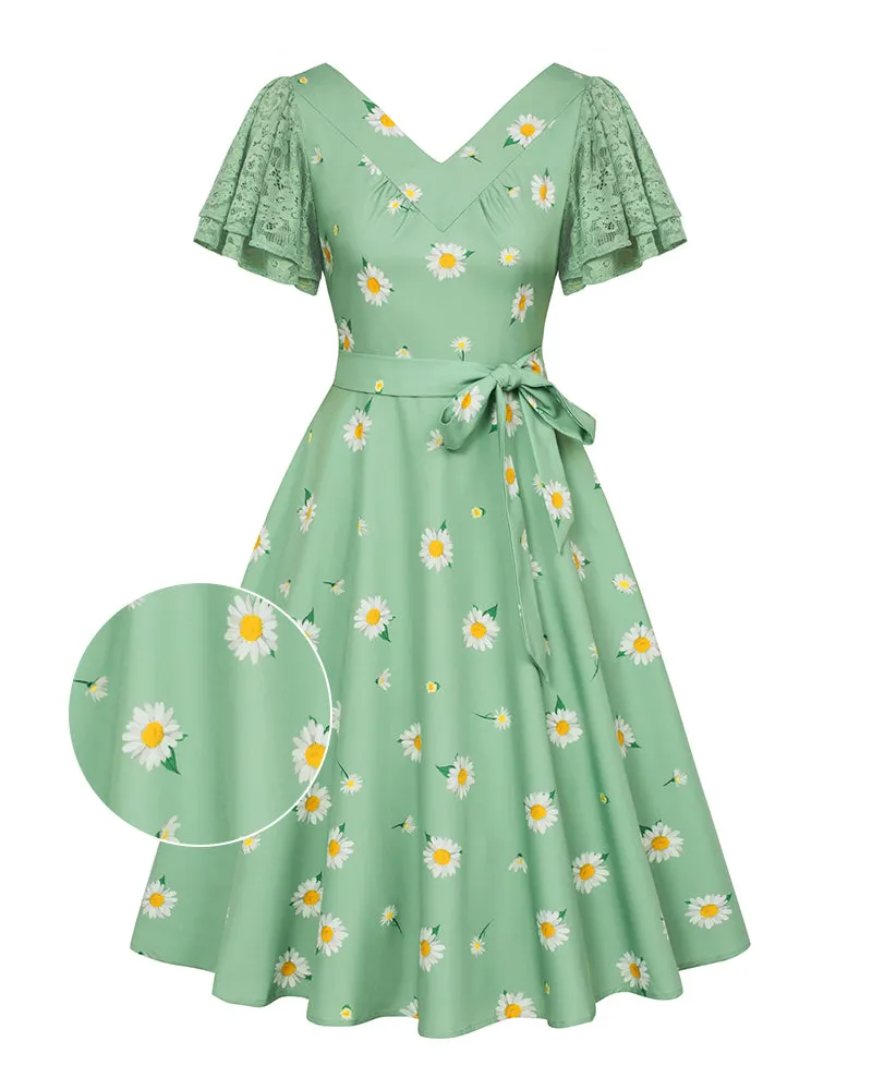 Summer Short Puff Sleeve Cocktail Dress Vintage V-Neck A Line Swing Dresses with Belts