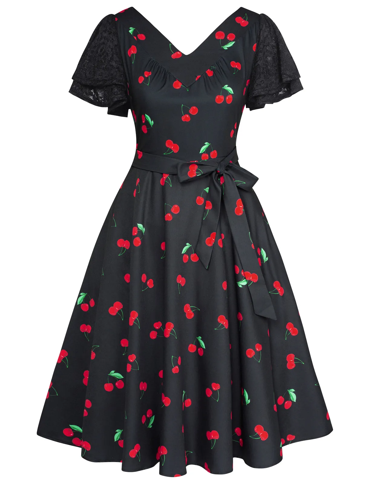 Summer Short Puff Sleeve Cocktail Dress Vintage V-Neck A Line Swing Dresses with Belts