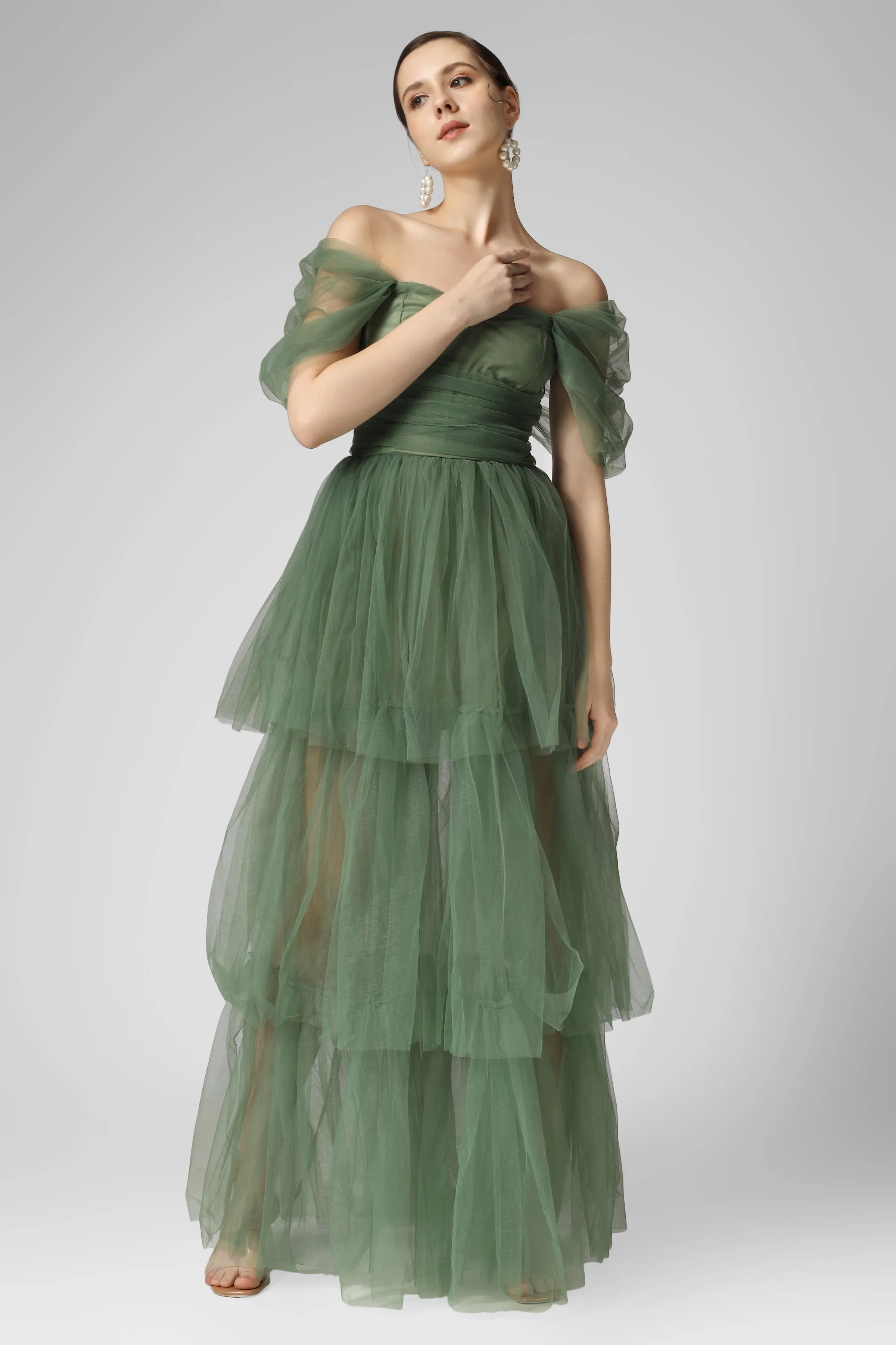 Sydney Off Shoulder Tulle Maxi Dress in Dark Sage