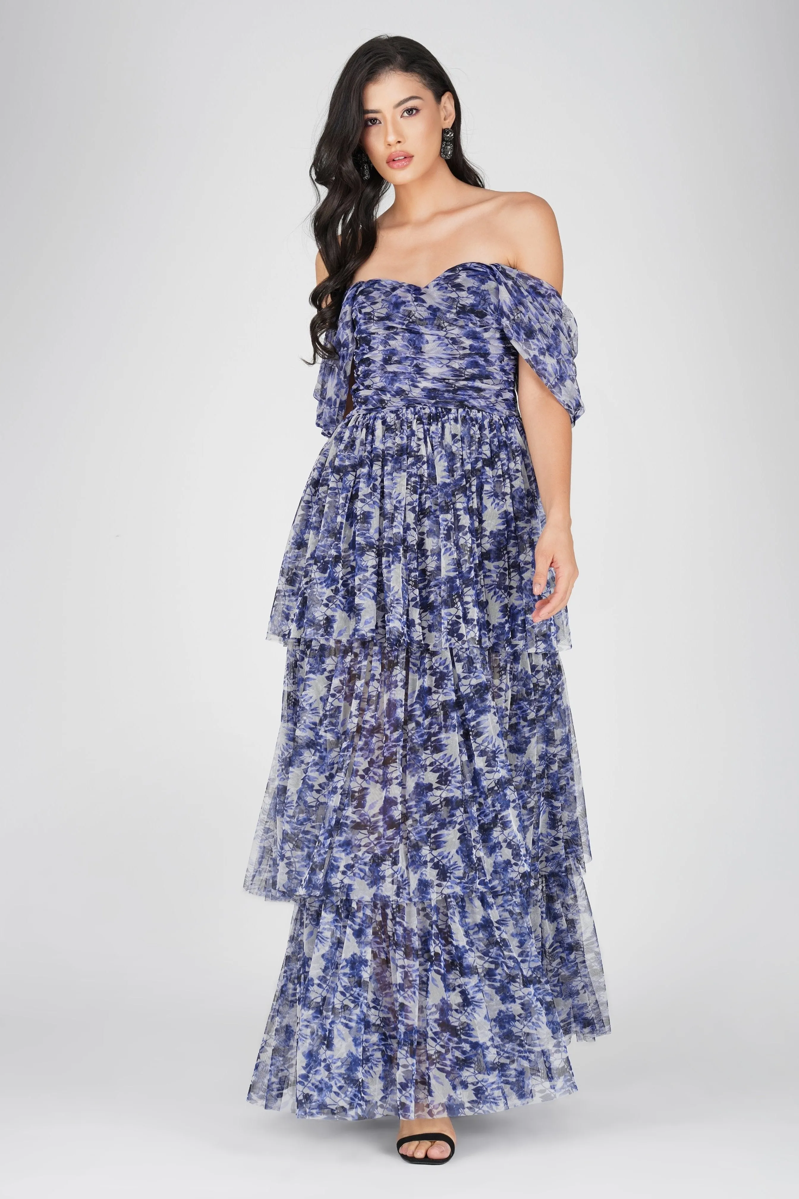 Sydney Tulle Maxi Dress in Blue Leaf Print