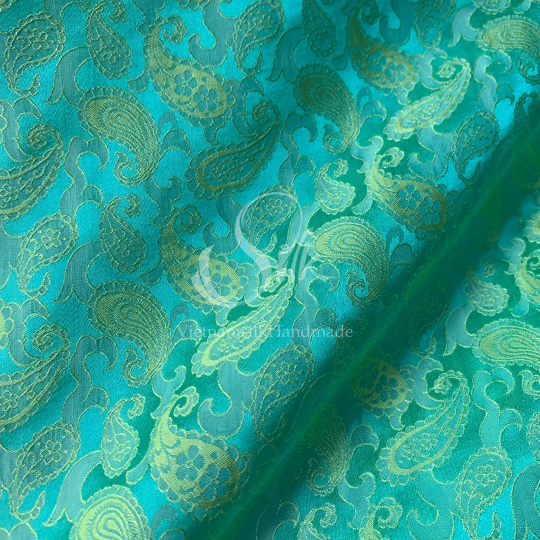 Turquoise silk with Paisley design - PURE MULBERRY SILK fabric by the yard - Luxury Silk - Natural silk - Handmade in VietNam- Silk with Design