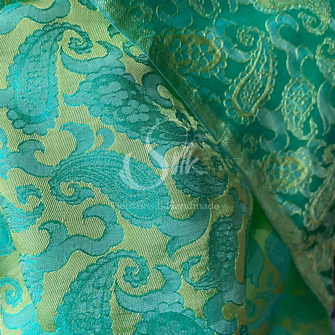 Turquoise silk with Paisley design - PURE MULBERRY SILK fabric by the yard - Luxury Silk - Natural silk - Handmade in VietNam- Silk with Design