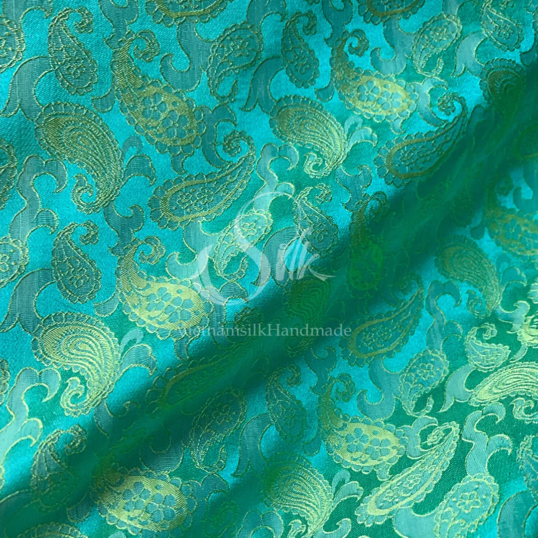 Turquoise silk with Paisley design - PURE MULBERRY SILK fabric by the yard - Luxury Silk - Natural silk - Handmade in VietNam- Silk with Design