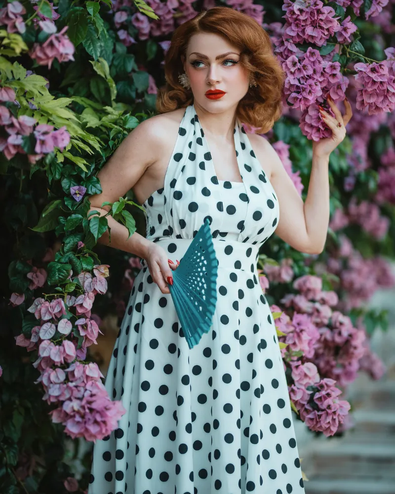 Vintage Polka Dots Halter Dress Backless Defined Waist Above Knee A-Line Dress