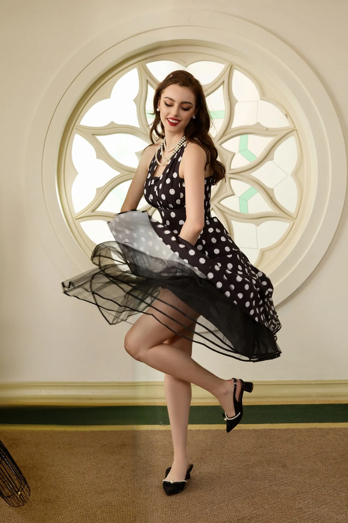 Vintage Polka Dots Halter Dress Backless Defined Waist Above Knee A-Line Dress