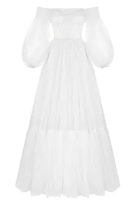 White Sheer Sleeves Maxi Tulle Dress